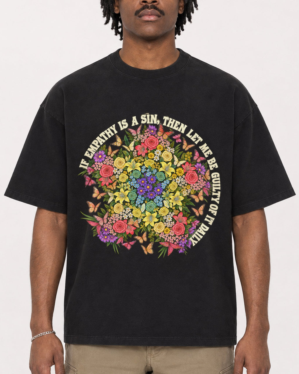 Mockup Boxy Heavyweight Tee Black male close-up 04