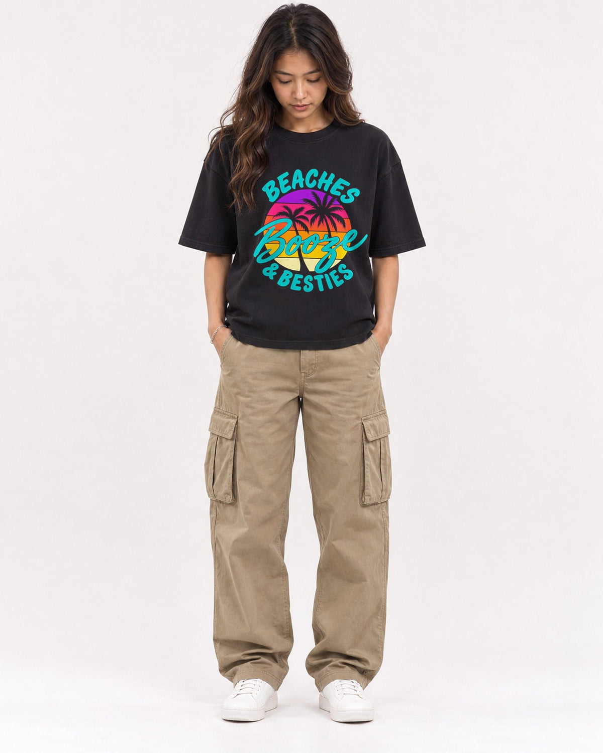 Mockup Boxy Heavyweight Tee Black female full-body 02