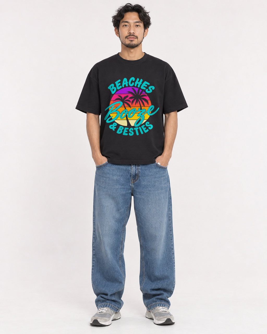 Mockup Boxy Heavyweight Tee Black male full-body 02