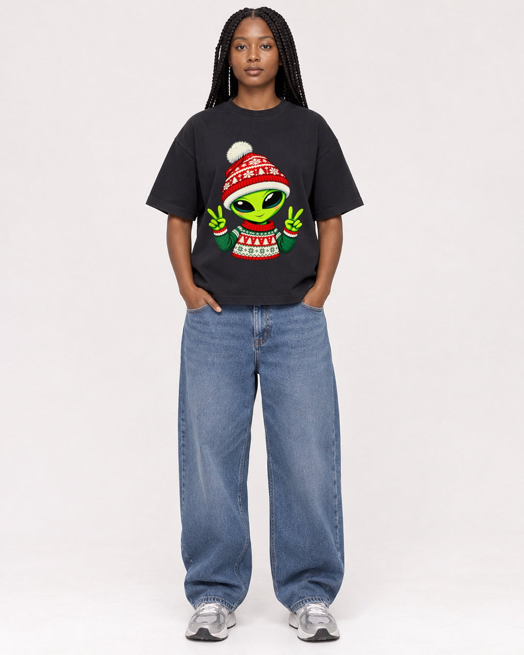 Mockup Boxy Heavyweight Tee Black female full-body 04