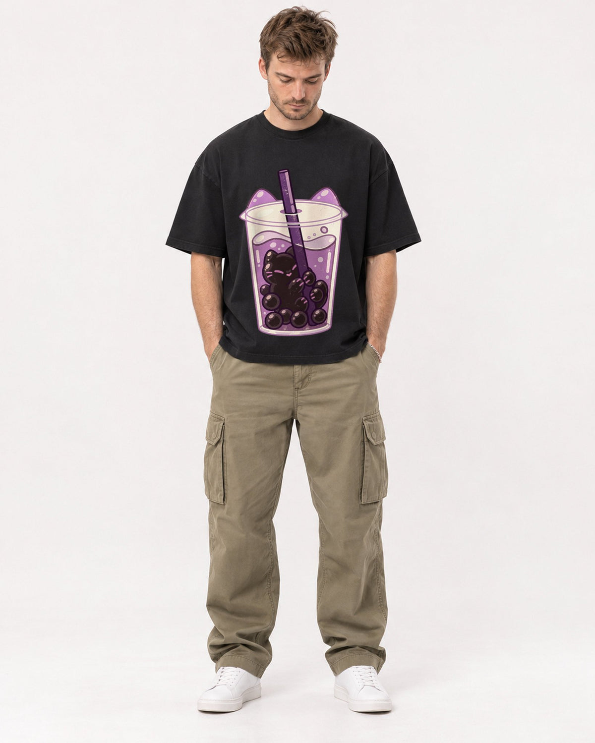 Mockup Boxy Heavyweight Tee Black male full-body 08