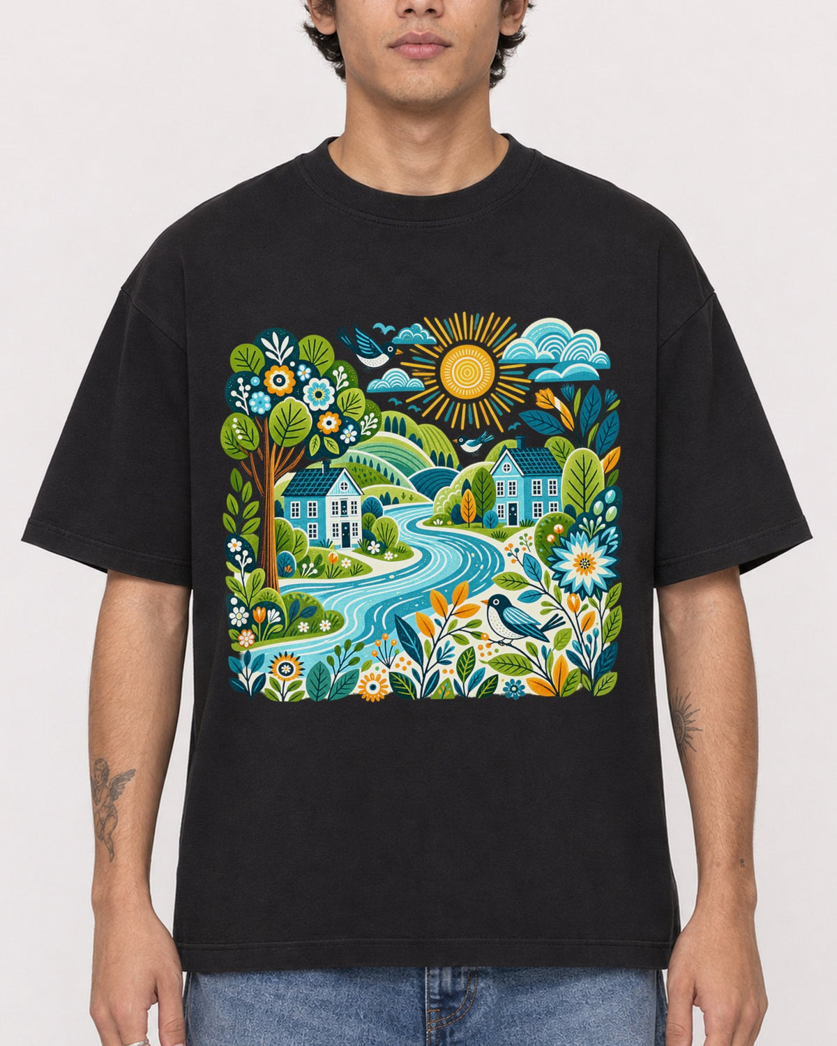 Mockup Boxy Heavyweight Tee Black male close-up 06