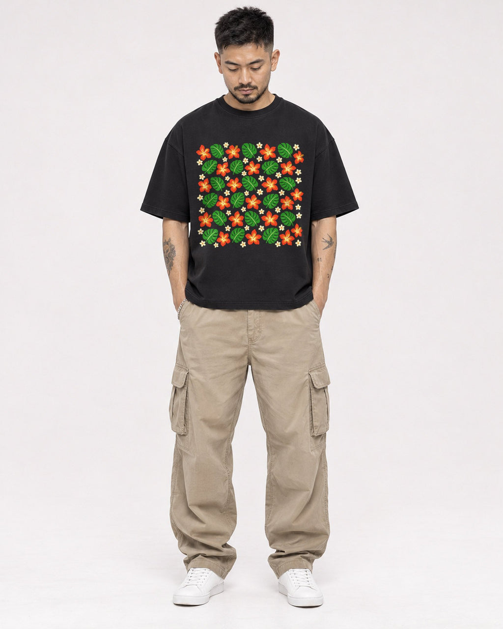 Mockup Boxy Heavyweight Tee Black male full-body 12