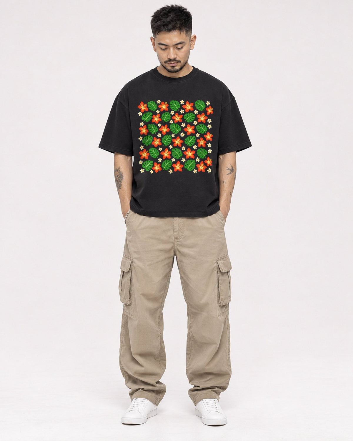 Mockup Boxy Heavyweight Tee Black male full-body 12