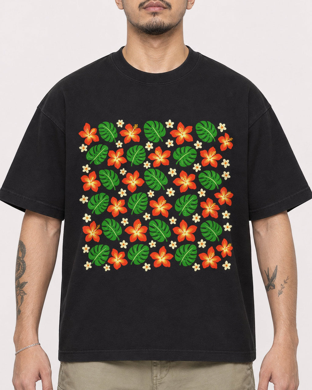 Mockup Boxy Heavyweight Tee Black male close-up 12