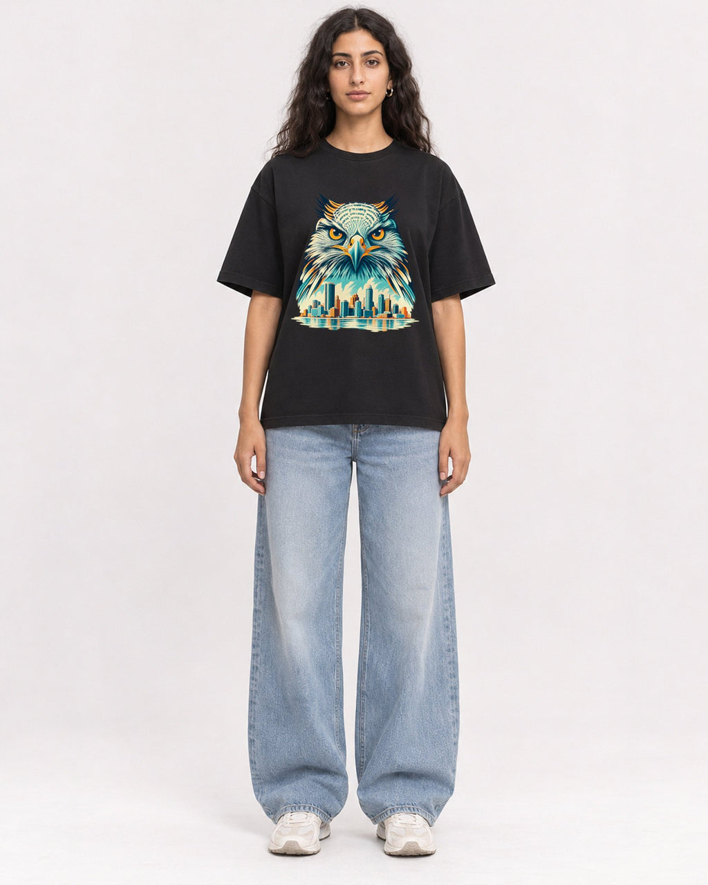 Mockup Boxy Heavyweight Tee Black female full-body 07