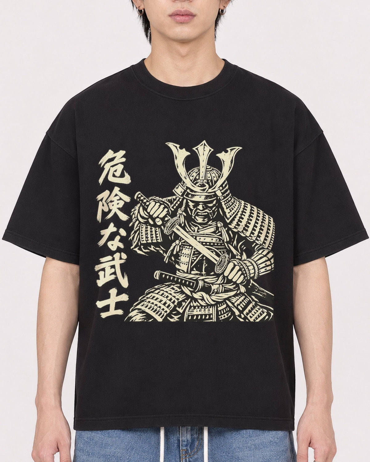 Mockup Boxy Heavyweight Tee Black male close-up 11