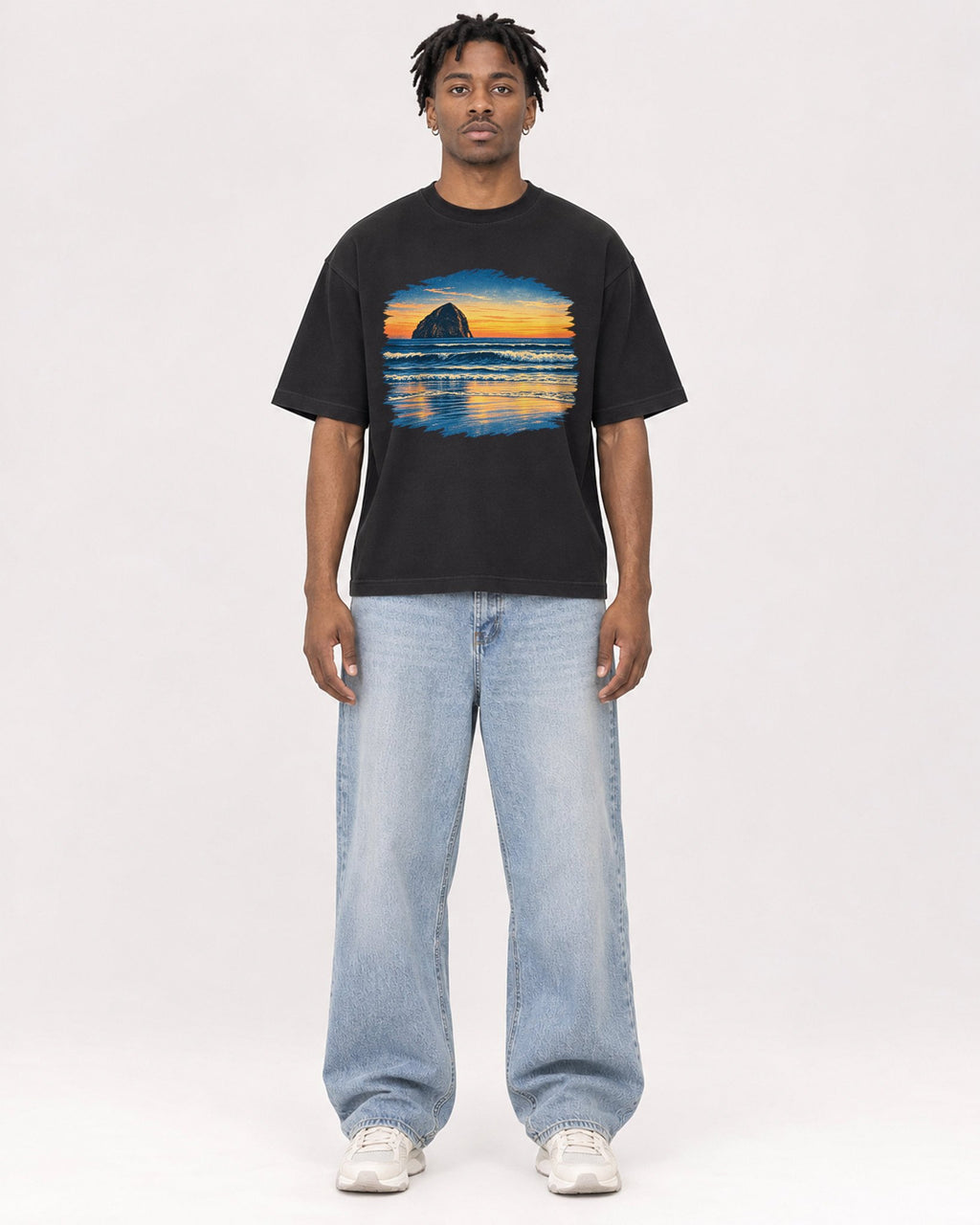 Mockup Boxy Heavyweight Tee Black male full-body 05