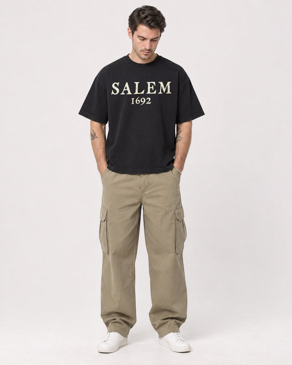 Mockup Boxy Heavyweight Tee Black male full-body 48