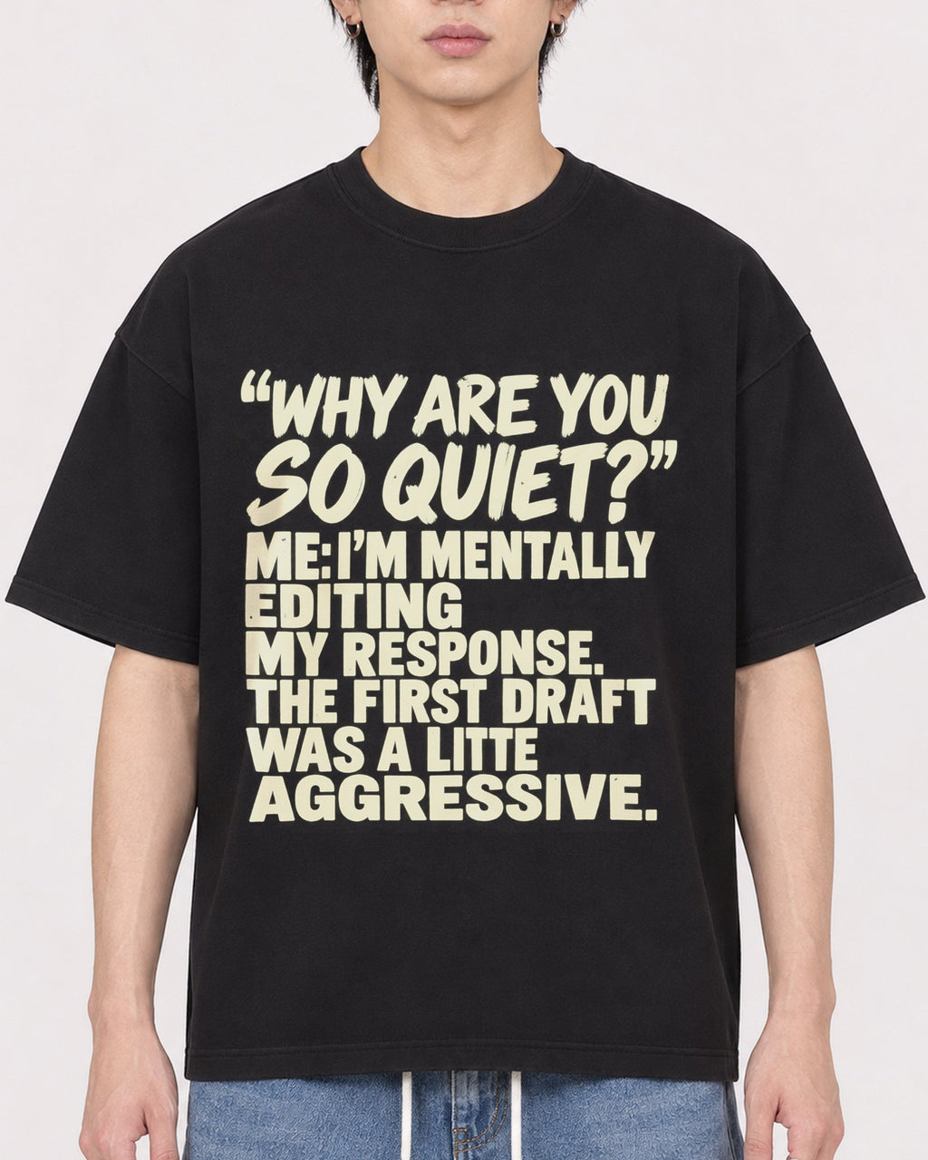 Mockup Boxy Heavyweight Tee Black male close-up 11