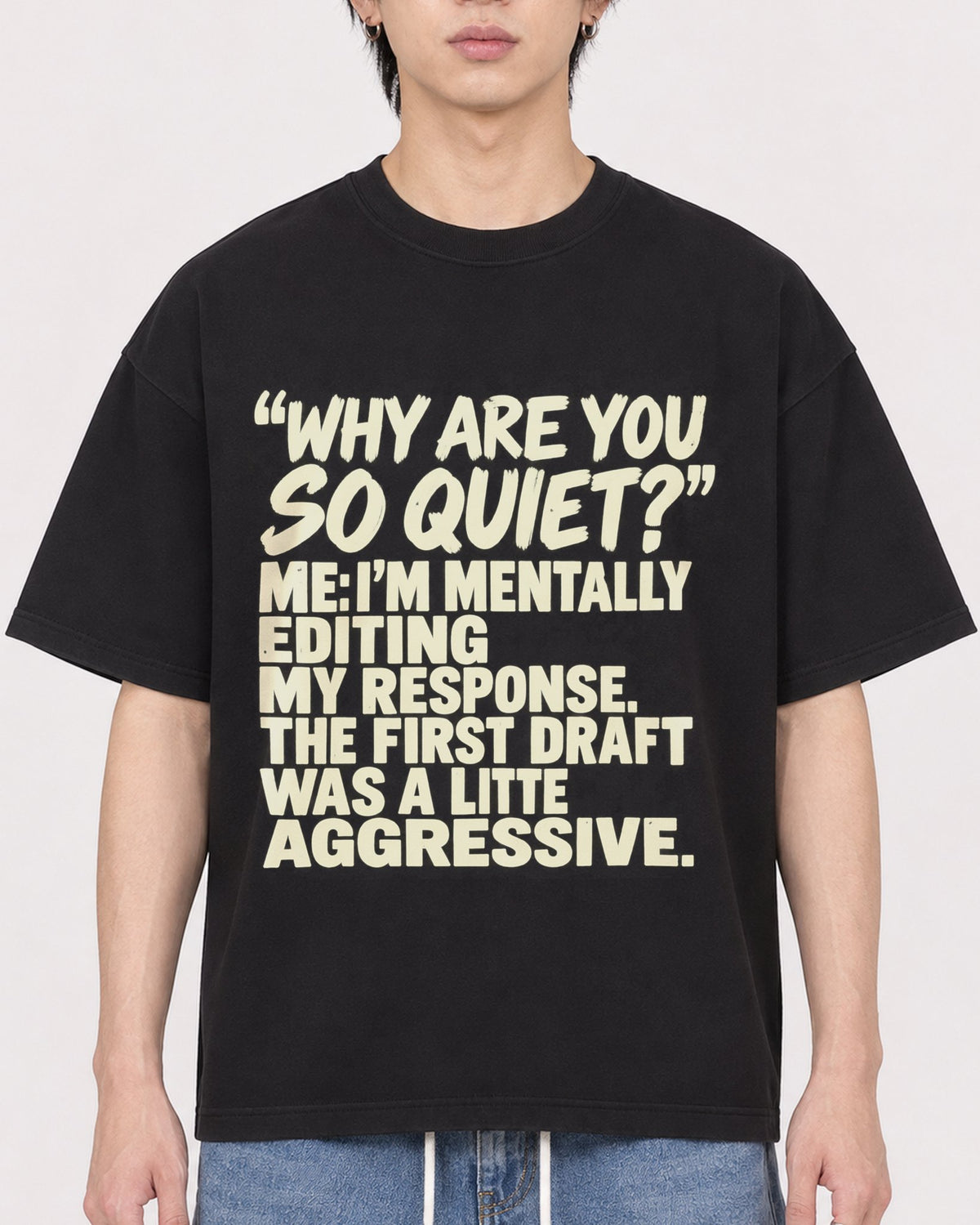 Mockup Boxy Heavyweight Tee Black male close-up 11