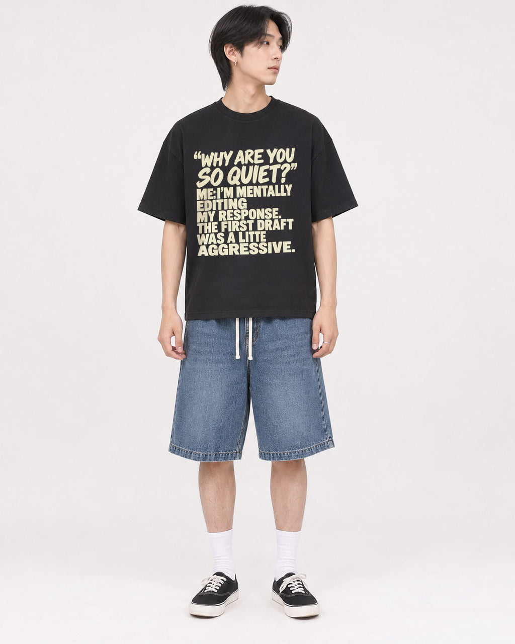 Mockup Boxy Heavyweight Tee Black male full-body 11