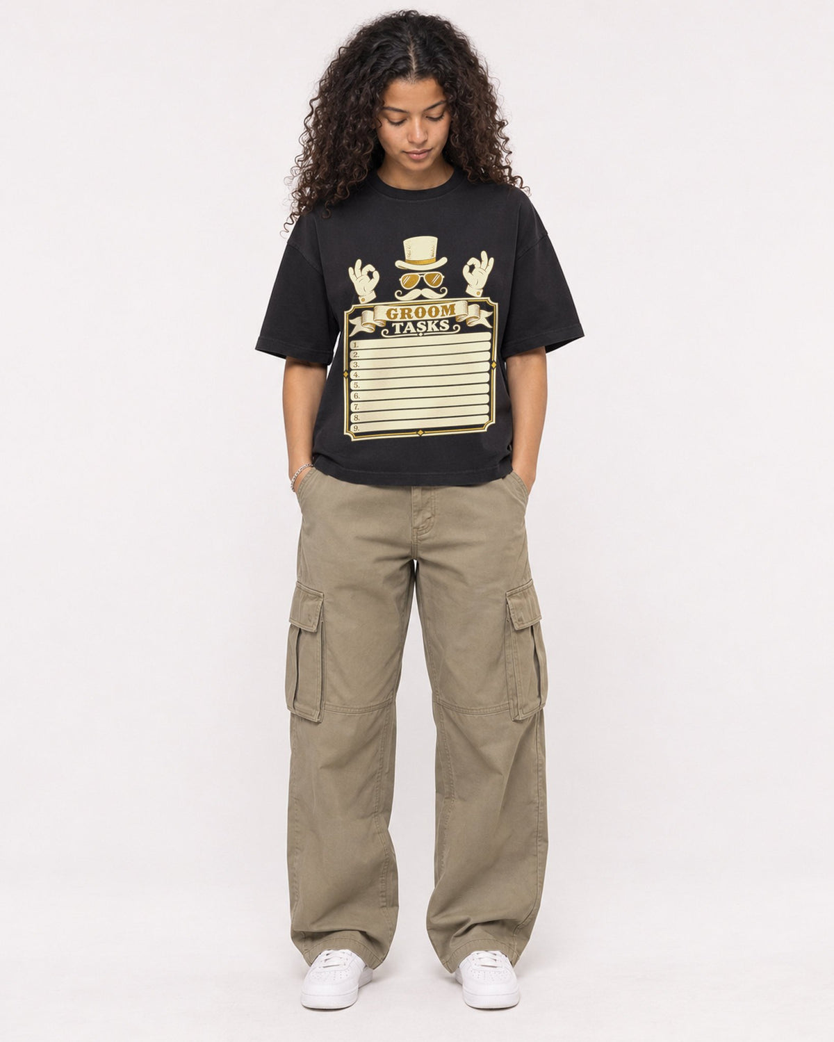 Mockup Boxy Heavyweight Tee Black female full-body 10