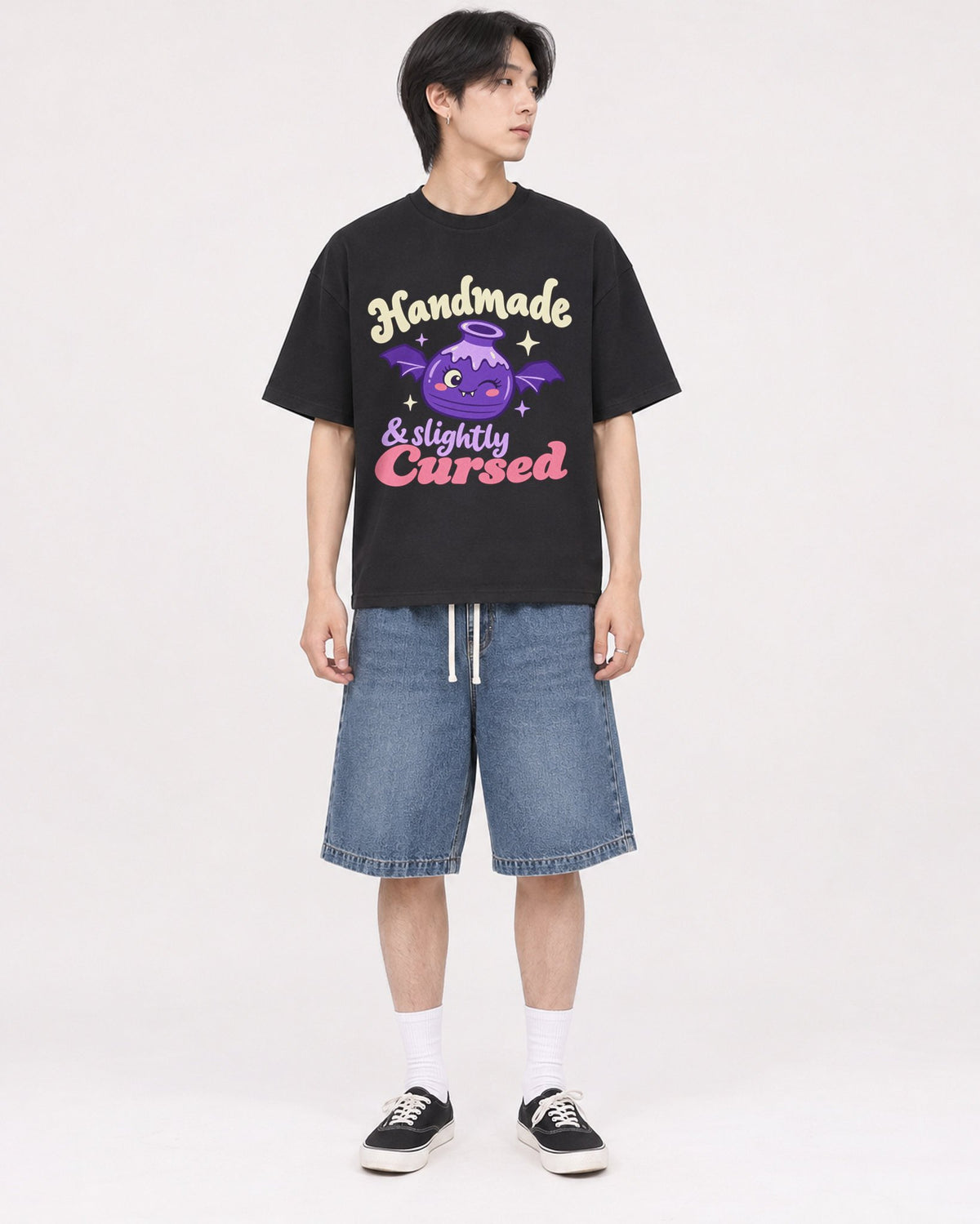 Mockup Boxy Heavyweight Tee Black male full-body 11