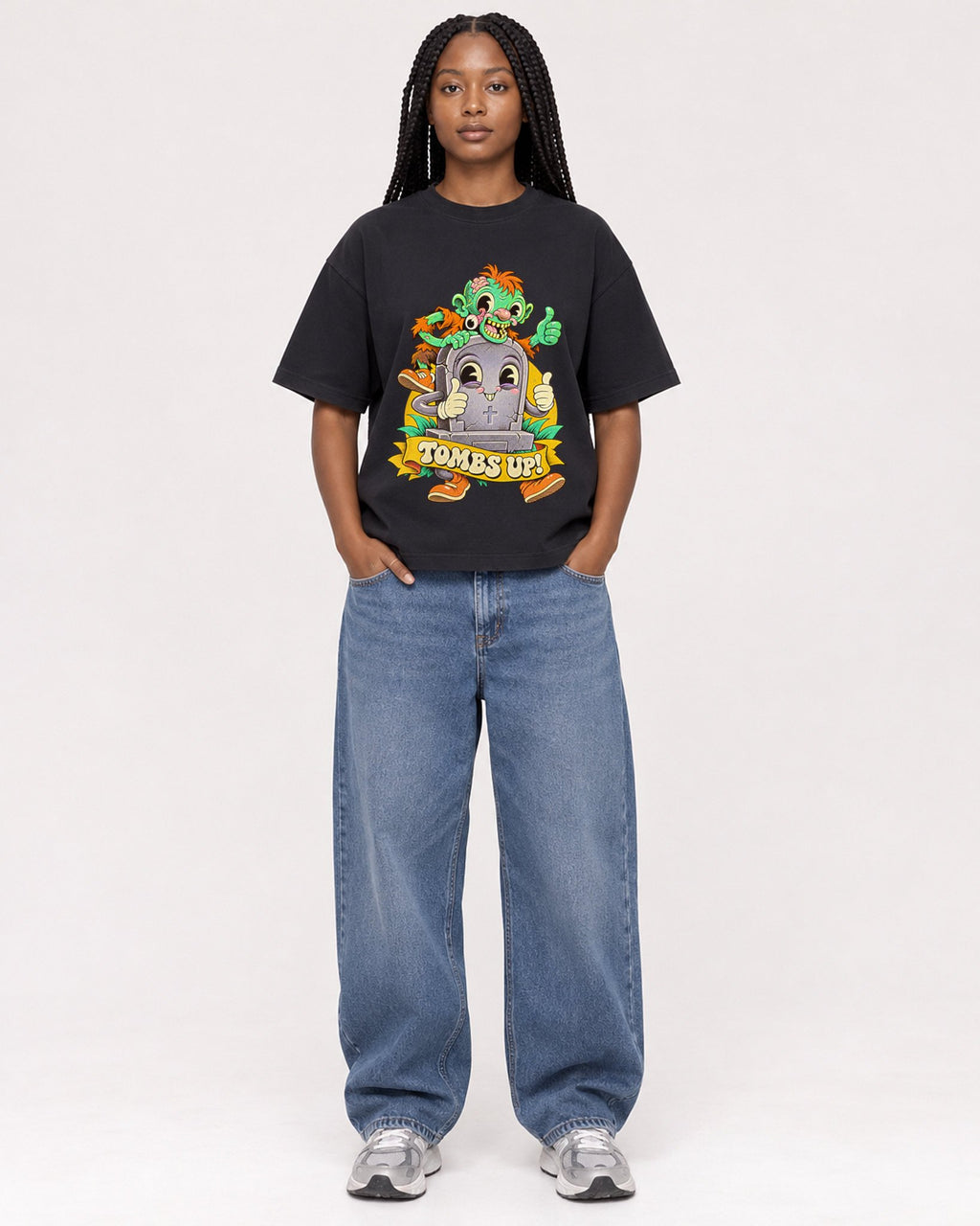 Mockup Boxy Heavyweight Tee Black female full-body 04