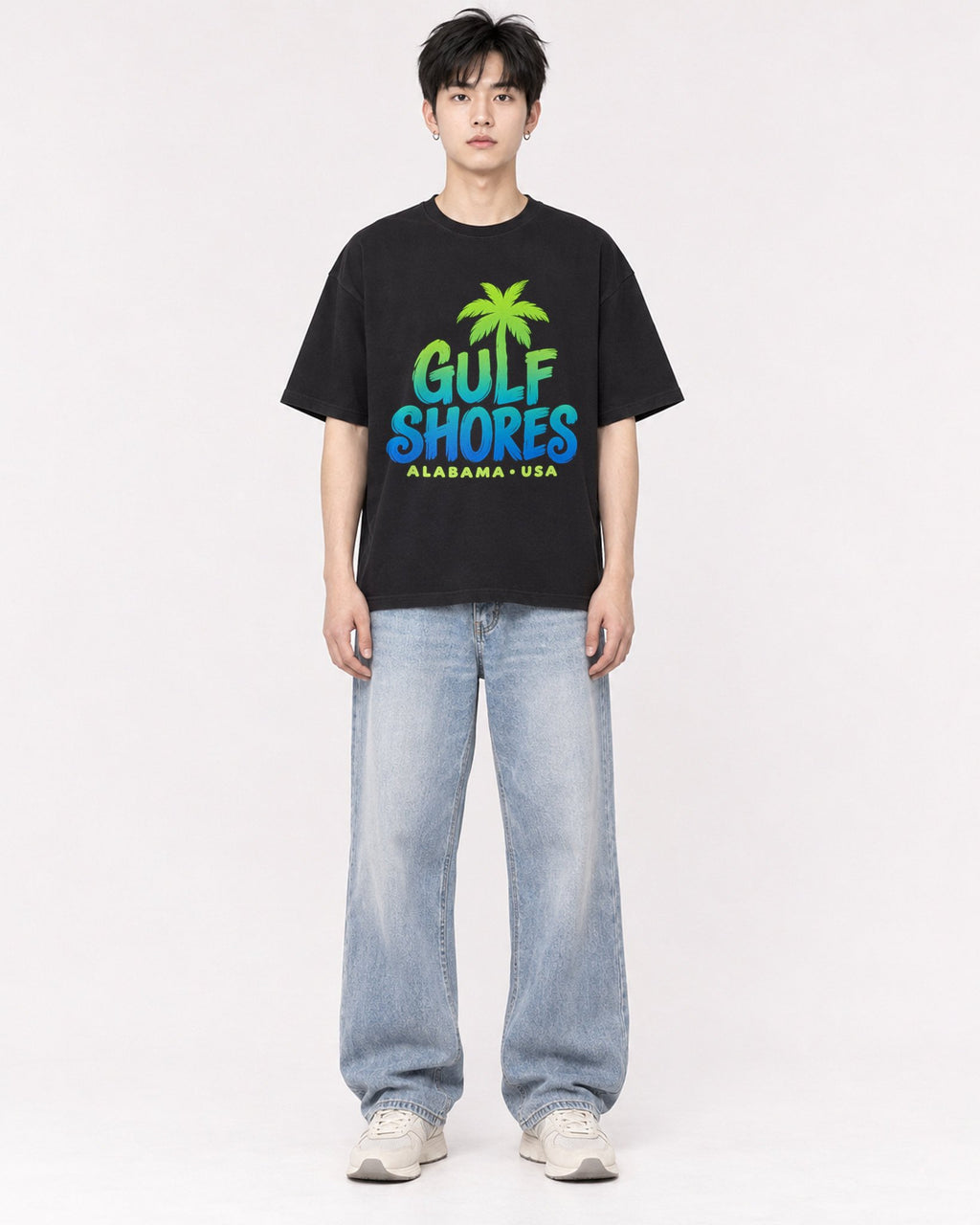 Mockup Boxy Heavyweight Tee Black male full-body 01