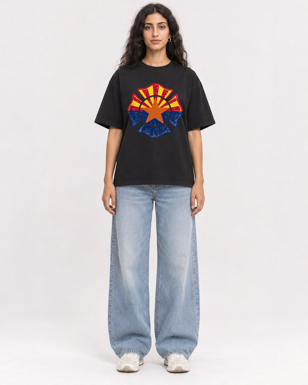 Mockup Boxy Heavyweight Tee Black female full-body 07