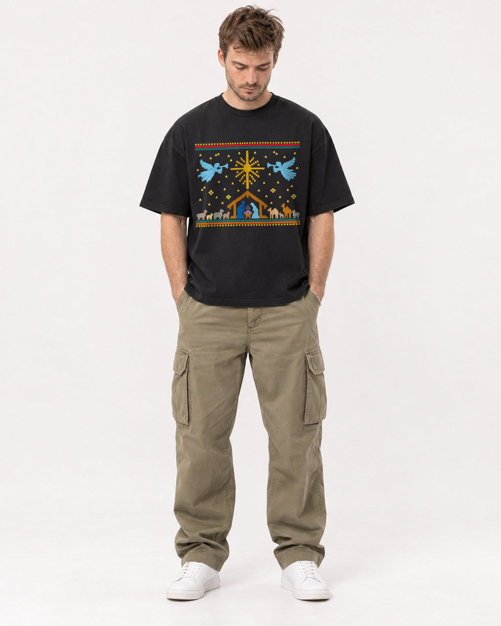 Mockup Boxy Heavyweight Tee Black male full-body 08