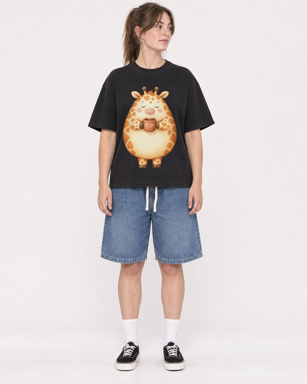 Mockup Boxy Heavyweight Tee Black female full-body 29