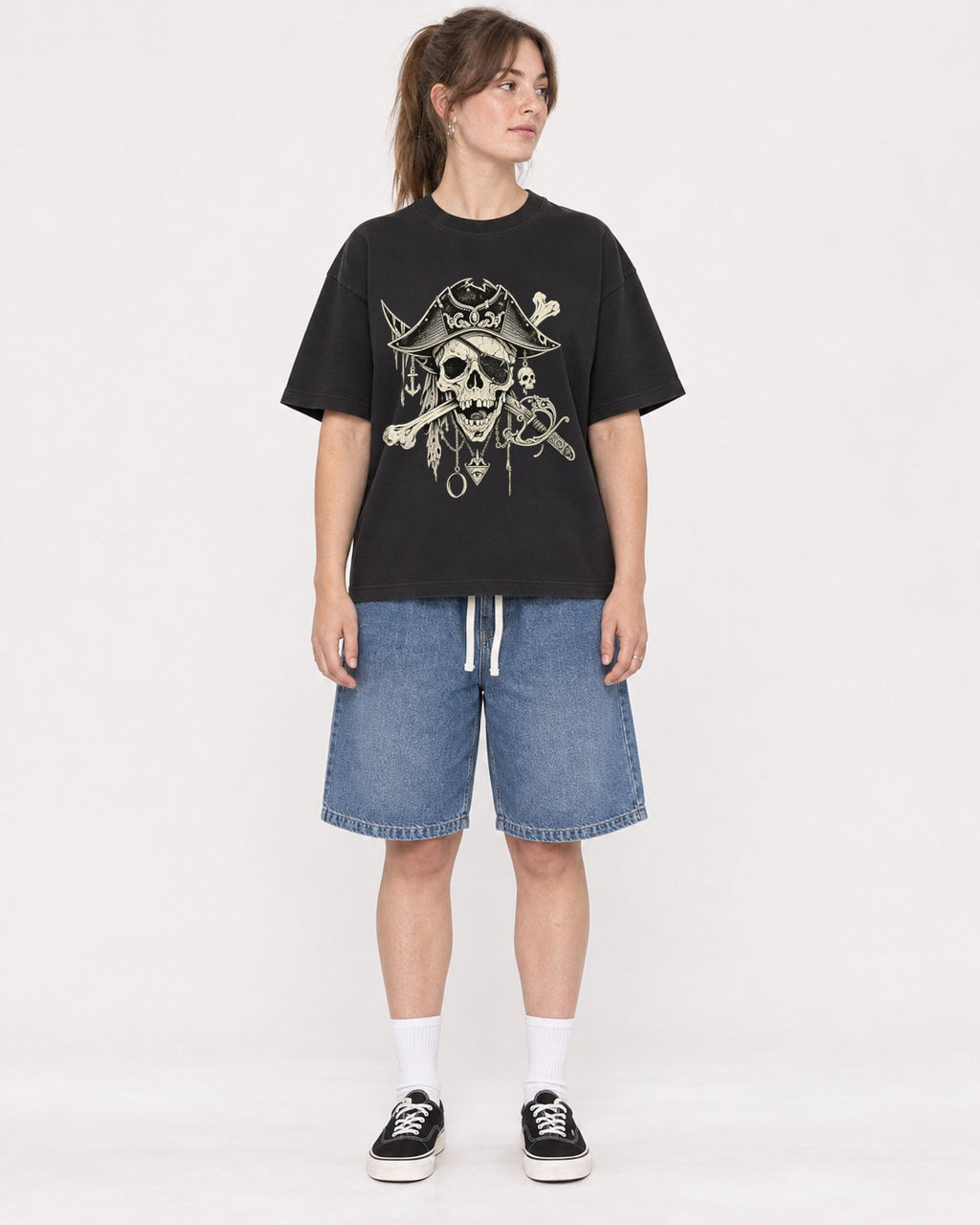 Mockup Boxy Heavyweight Tee Black female full-body 29