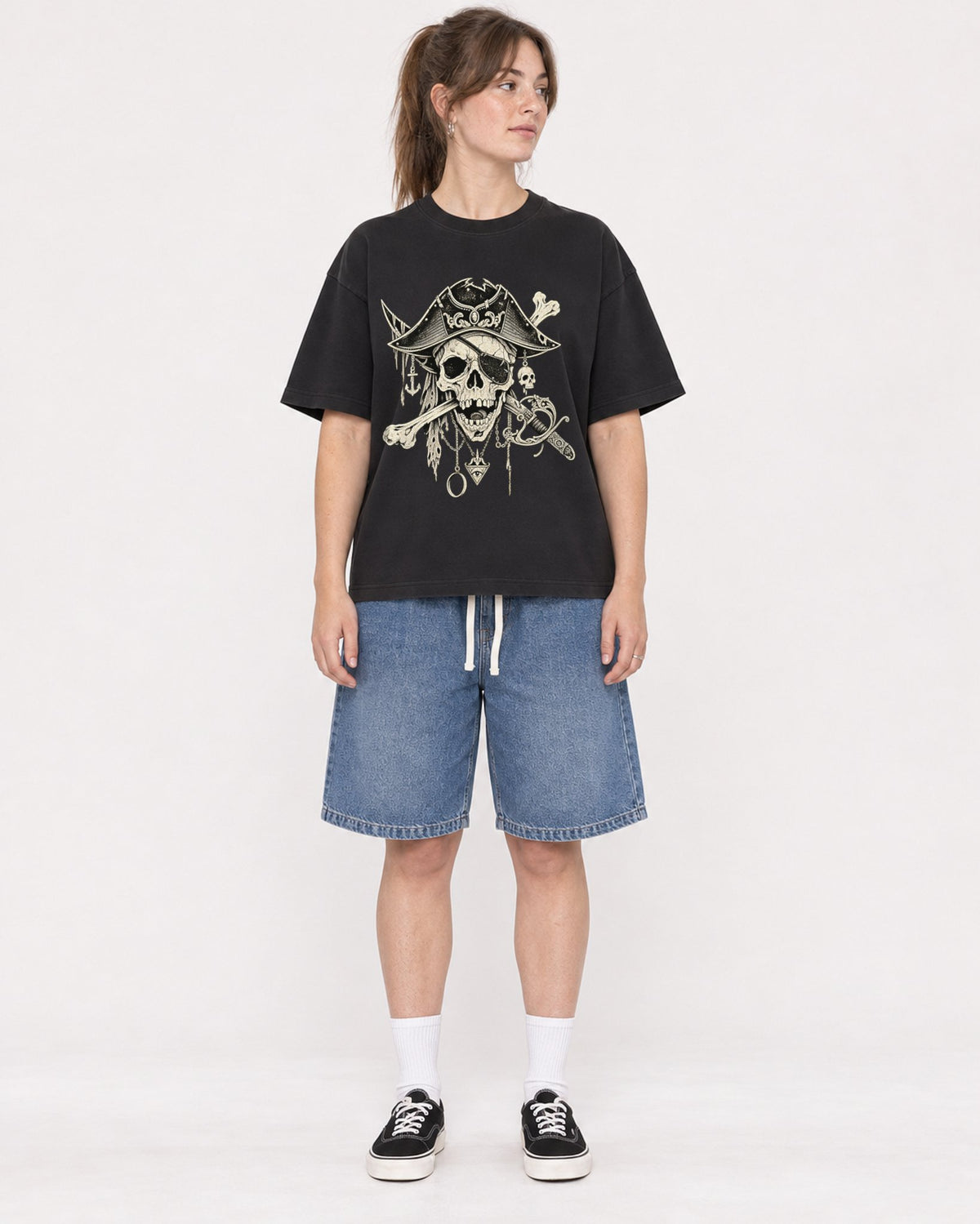 Mockup Boxy Heavyweight Tee Black female full-body 29