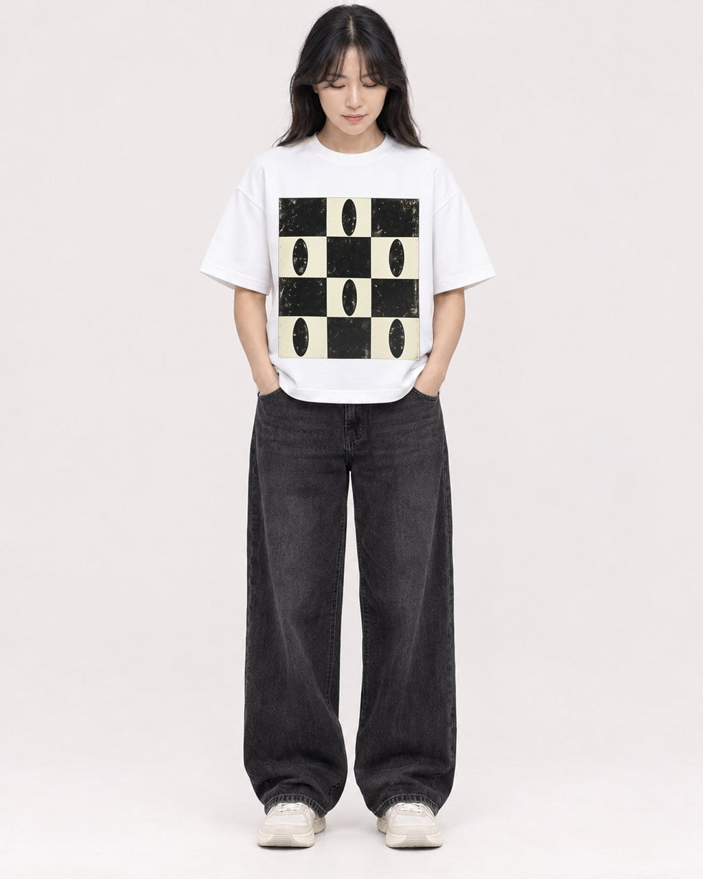 Mockup Boxy Heavyweight Tee White female full-body 13
