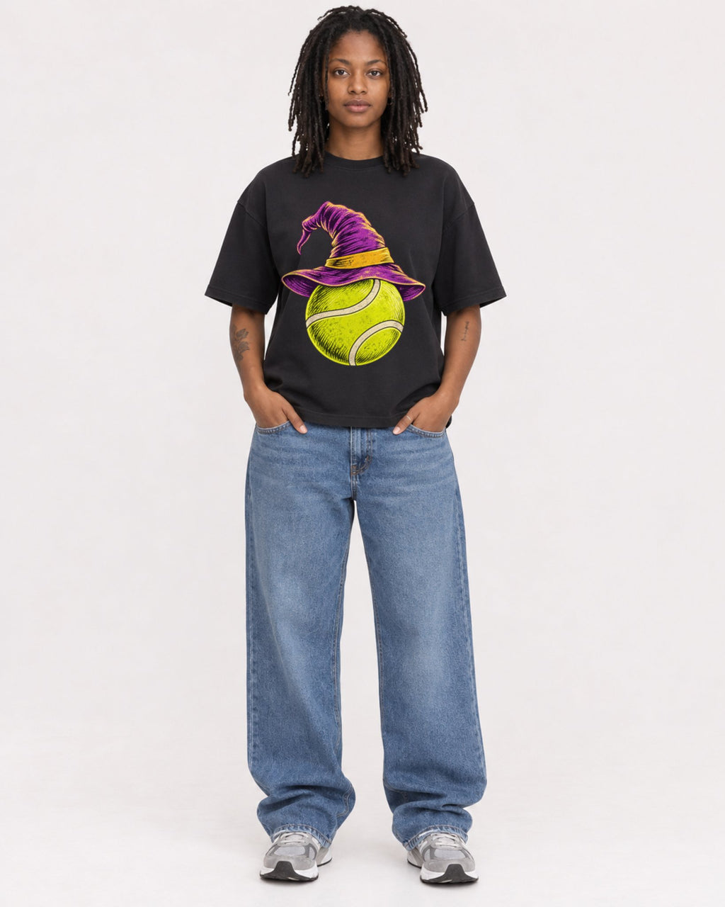 Mockup Boxy Heavyweight Tee Black female full-body 24