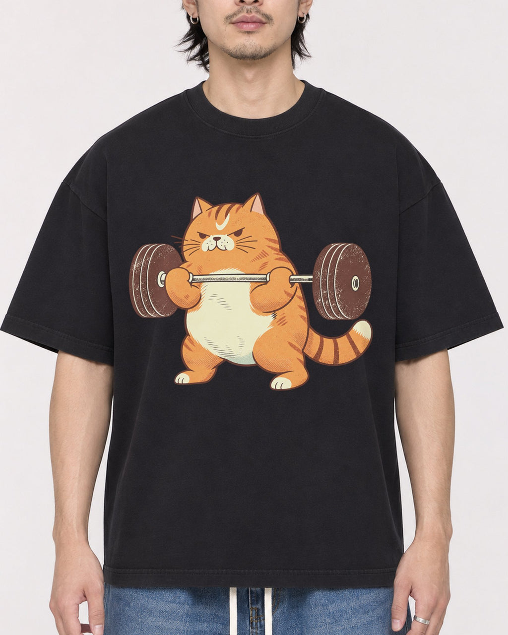 Mockup Boxy Heavyweight Tee Black male close-up 23