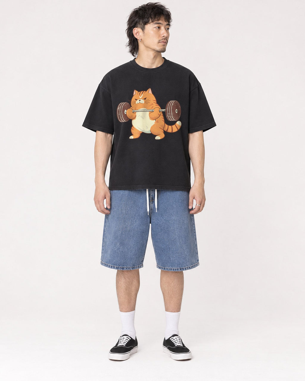 Mockup Boxy Heavyweight Tee Black male full-body 23