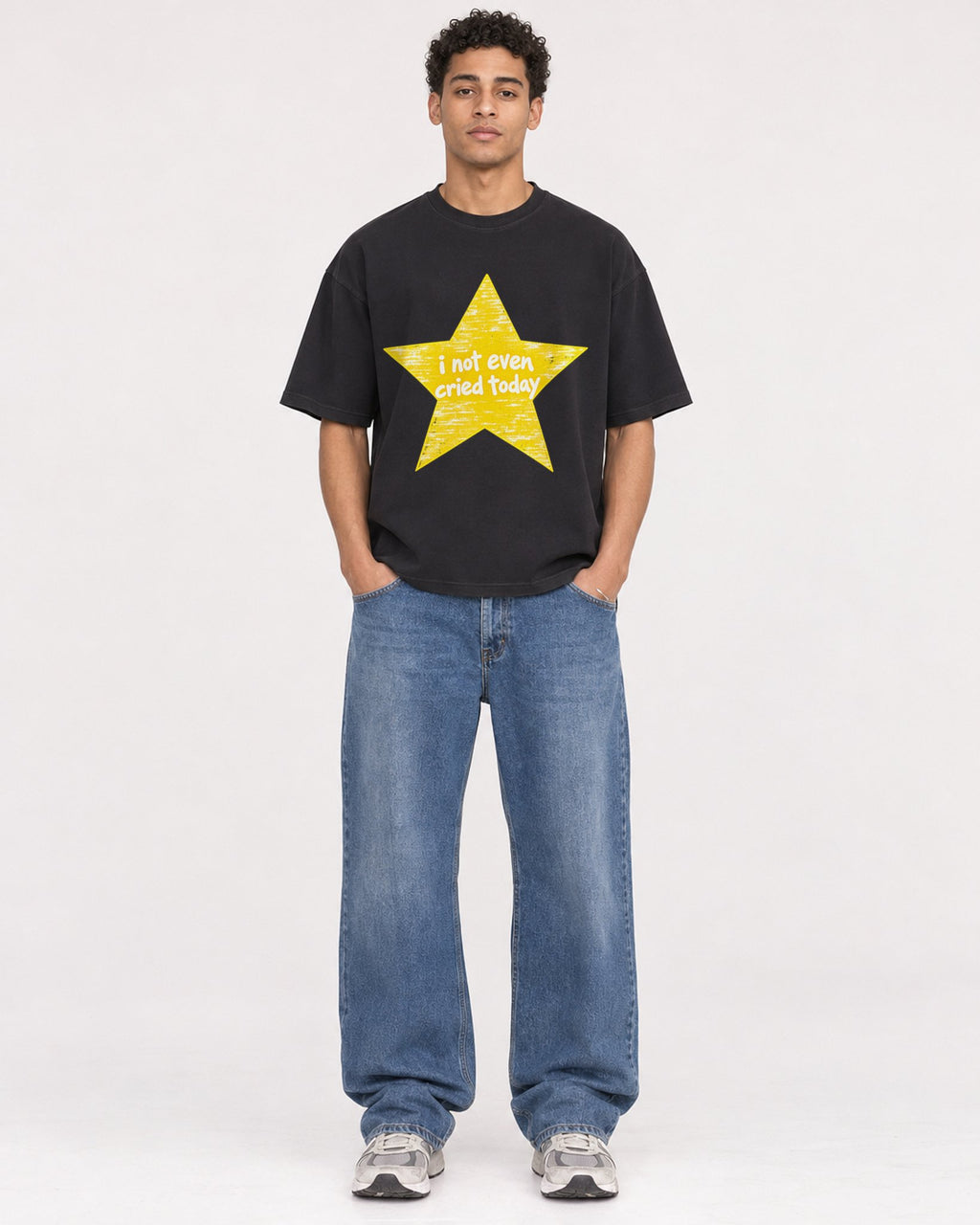 Mockup Boxy Heavyweight Tee Black male full-body 10