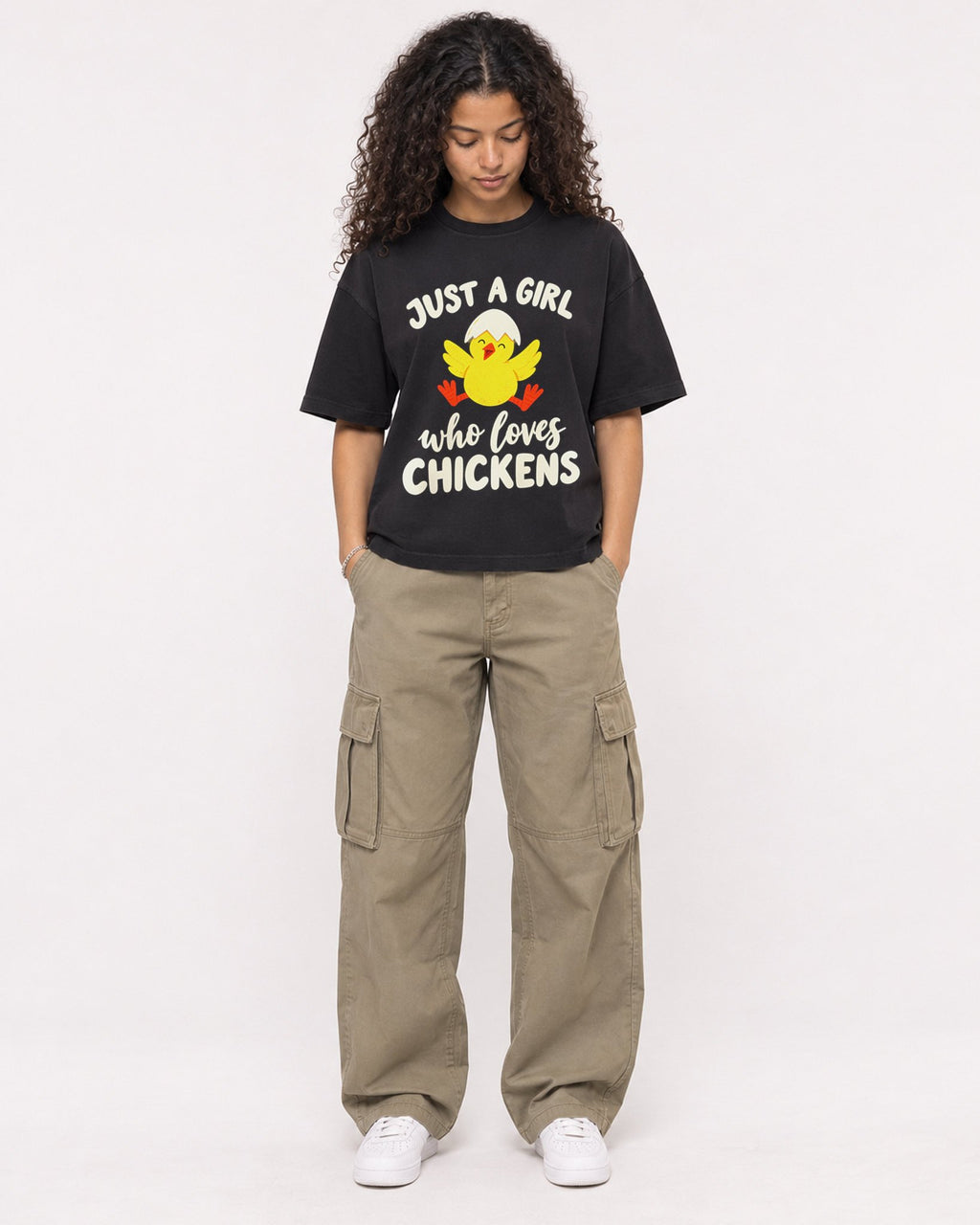 Mockup Boxy Heavyweight Tee Black female full-body 10