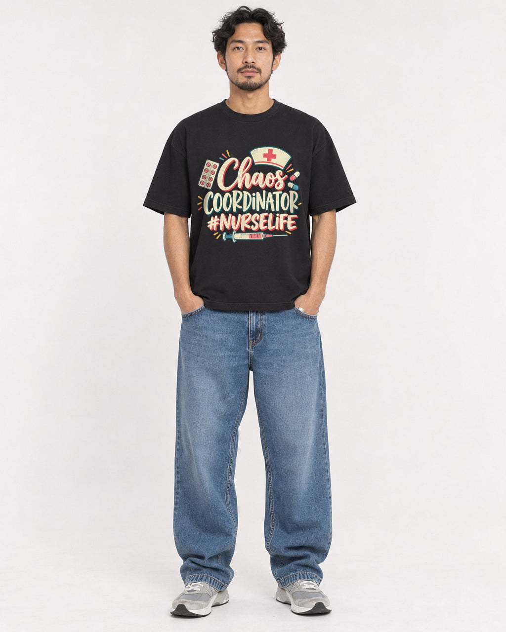 Mockup Boxy Heavyweight Tee Black male full-body 02