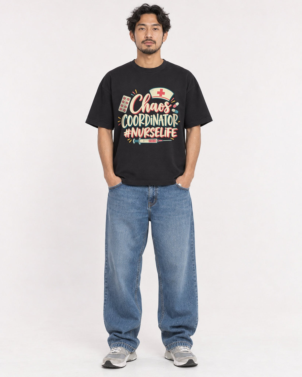 Mockup Boxy Heavyweight Tee Black male full-body 02