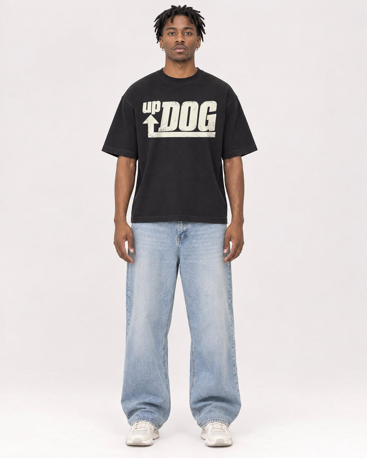 Mockup Boxy Heavyweight Tee Black male full-body 05