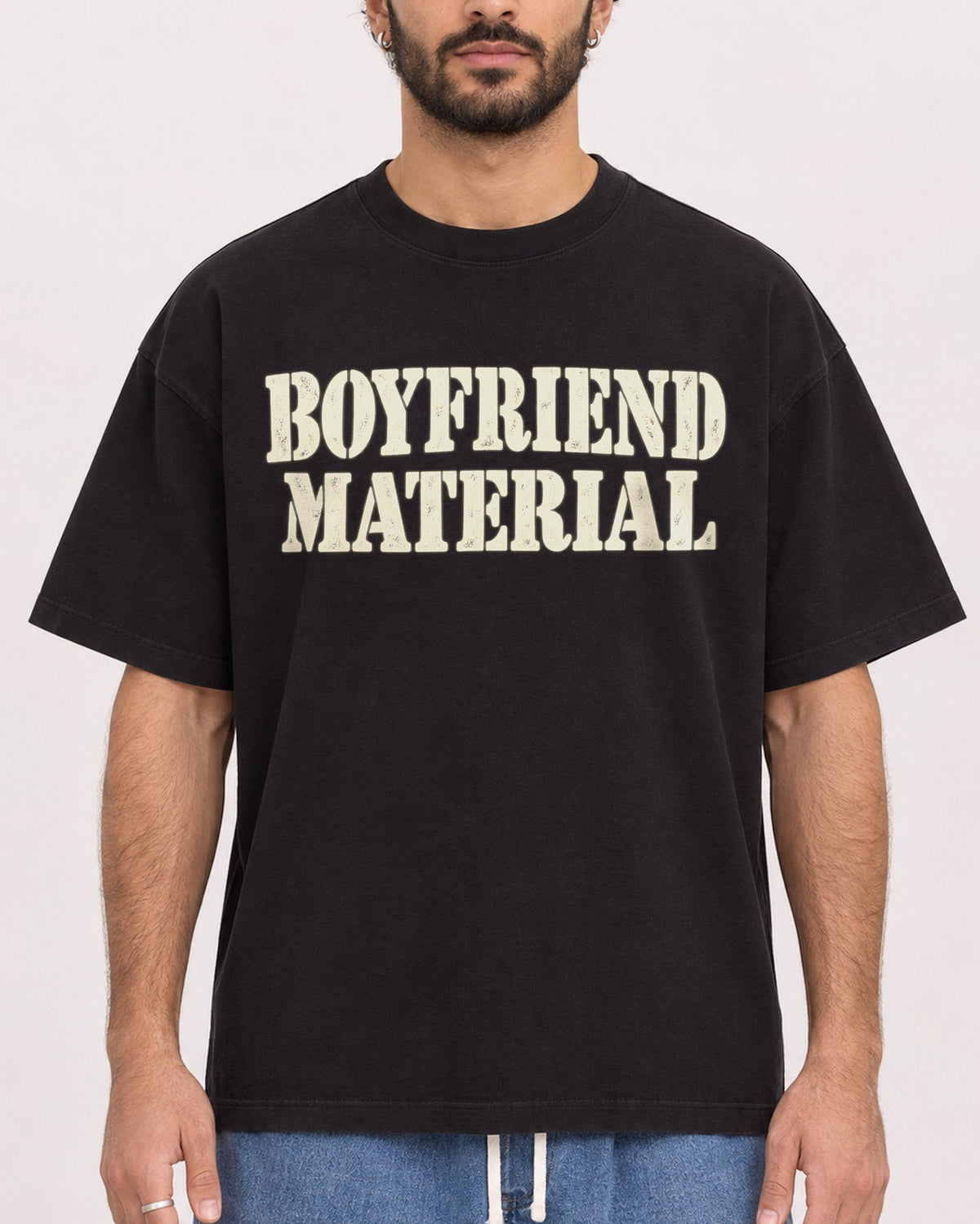 Mockup Boxy Heavyweight Tee Black male close-up 27