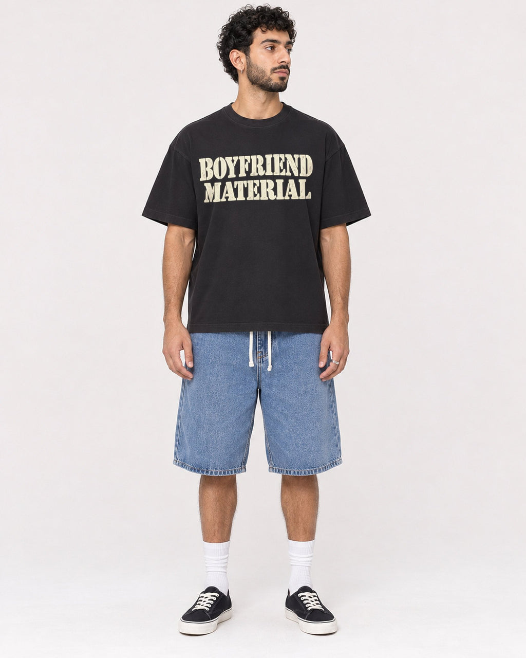 Mockup Boxy Heavyweight Tee Black male full-body 27