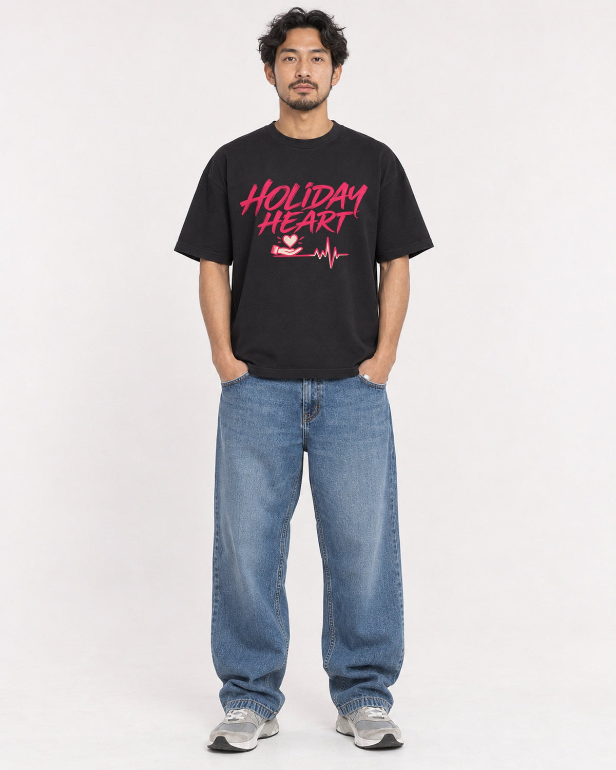 Mockup Boxy Heavyweight Tee Black male full-body 02