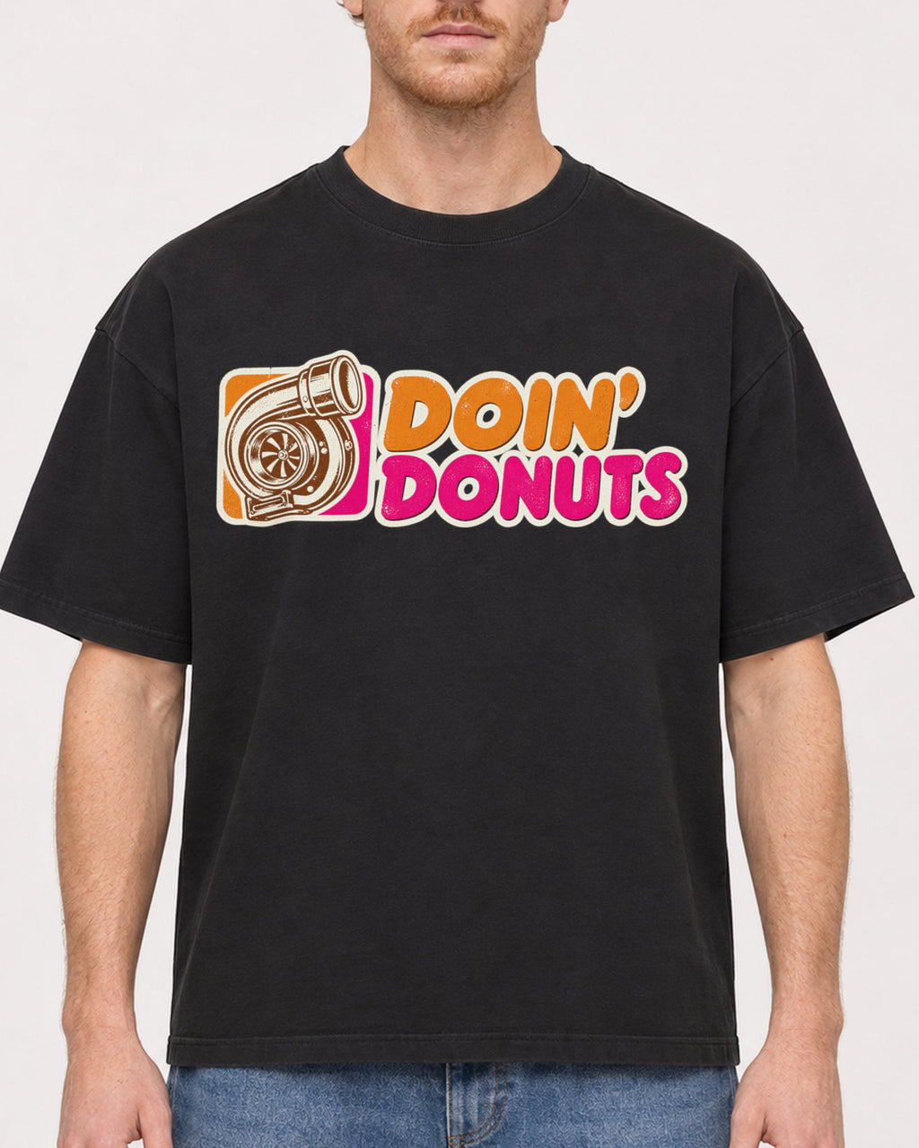 Mockup Boxy Heavyweight Tee Black male close-up 38