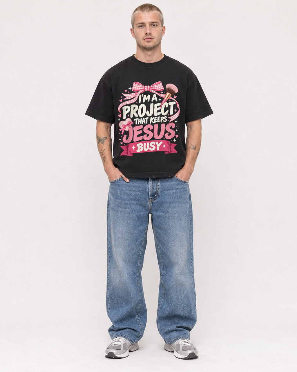 Mockup Boxy Heavyweight Tee Black male full-body 18