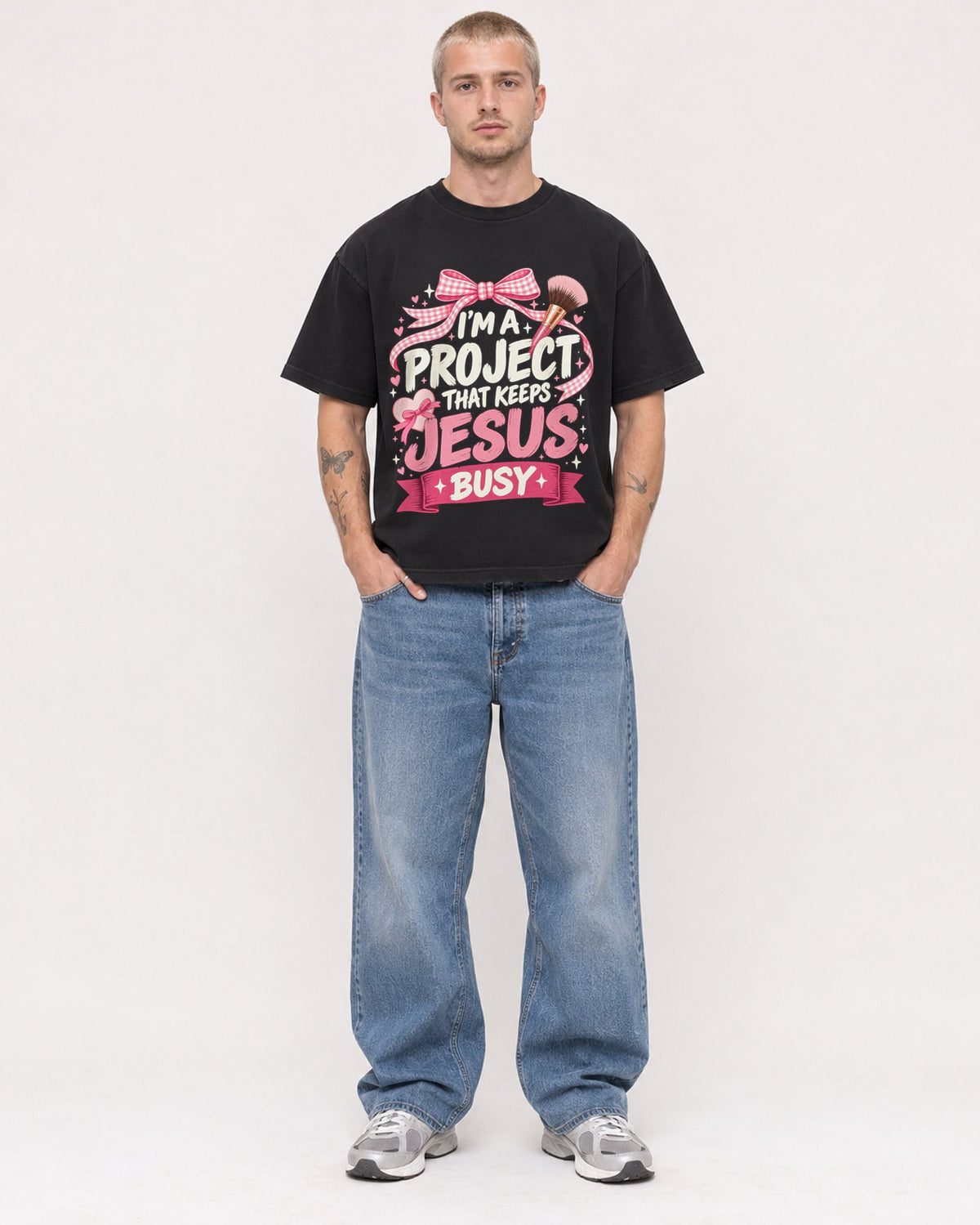 Mockup Boxy Heavyweight Tee Black male full-body 18