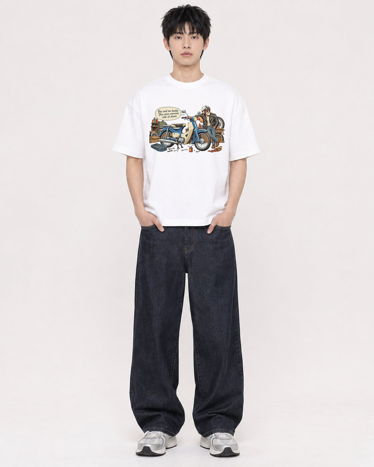 Mockup Boxy Heavyweight Tee White male full-body 01