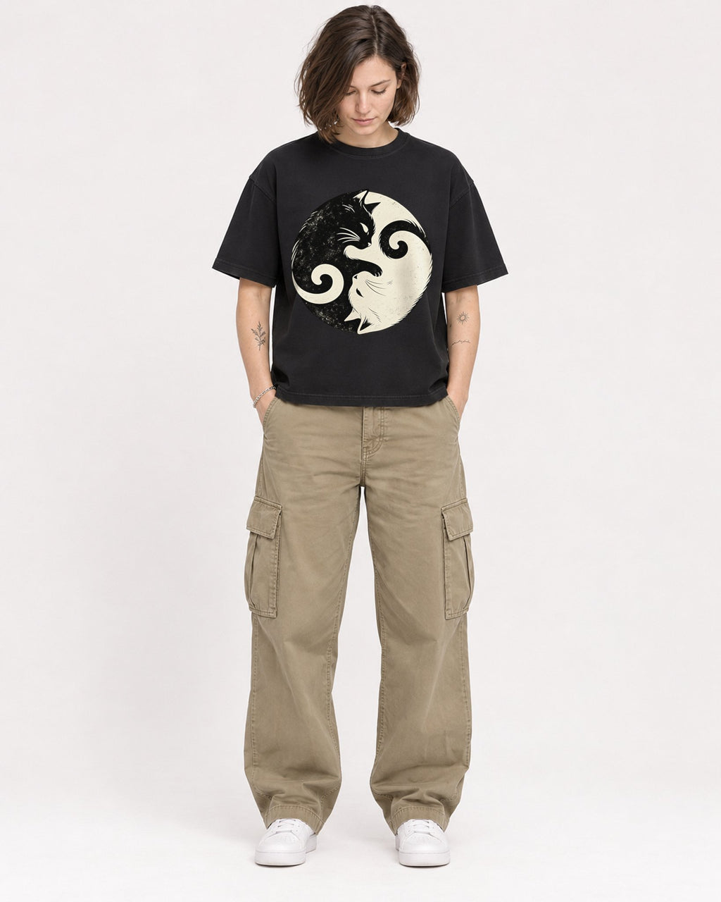 Mockup Boxy Heavyweight Tee Black female full-body 18