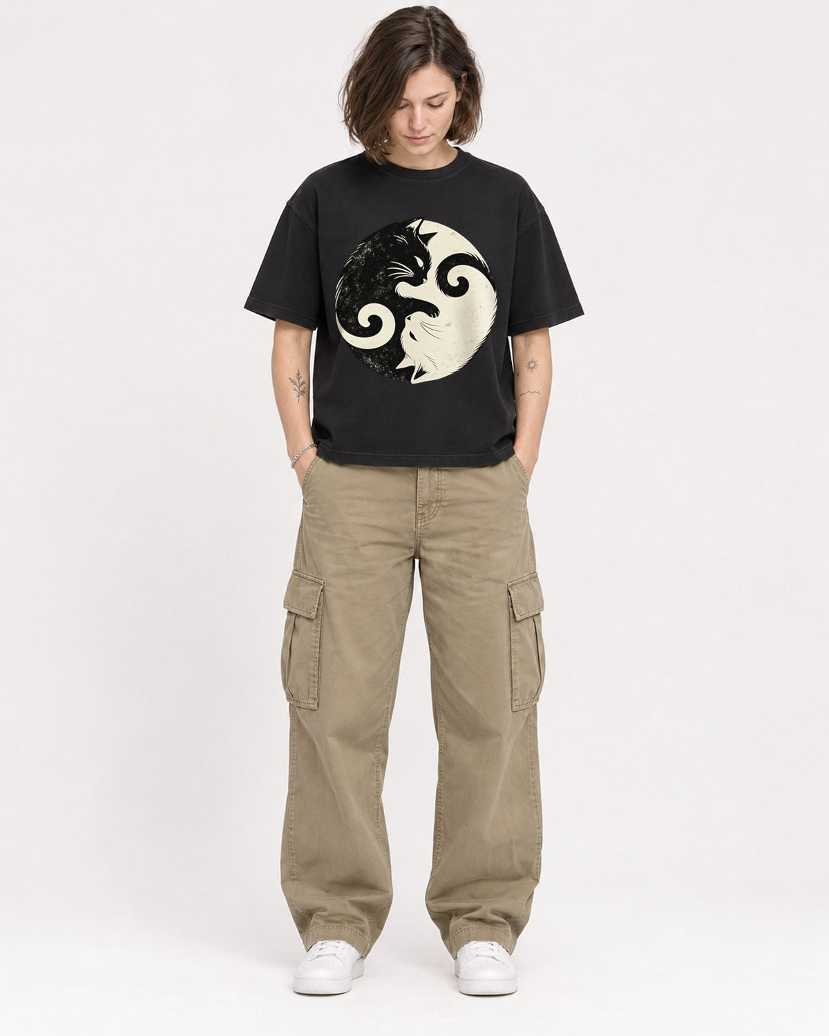 Mockup Boxy Heavyweight Tee Black female full-body 18