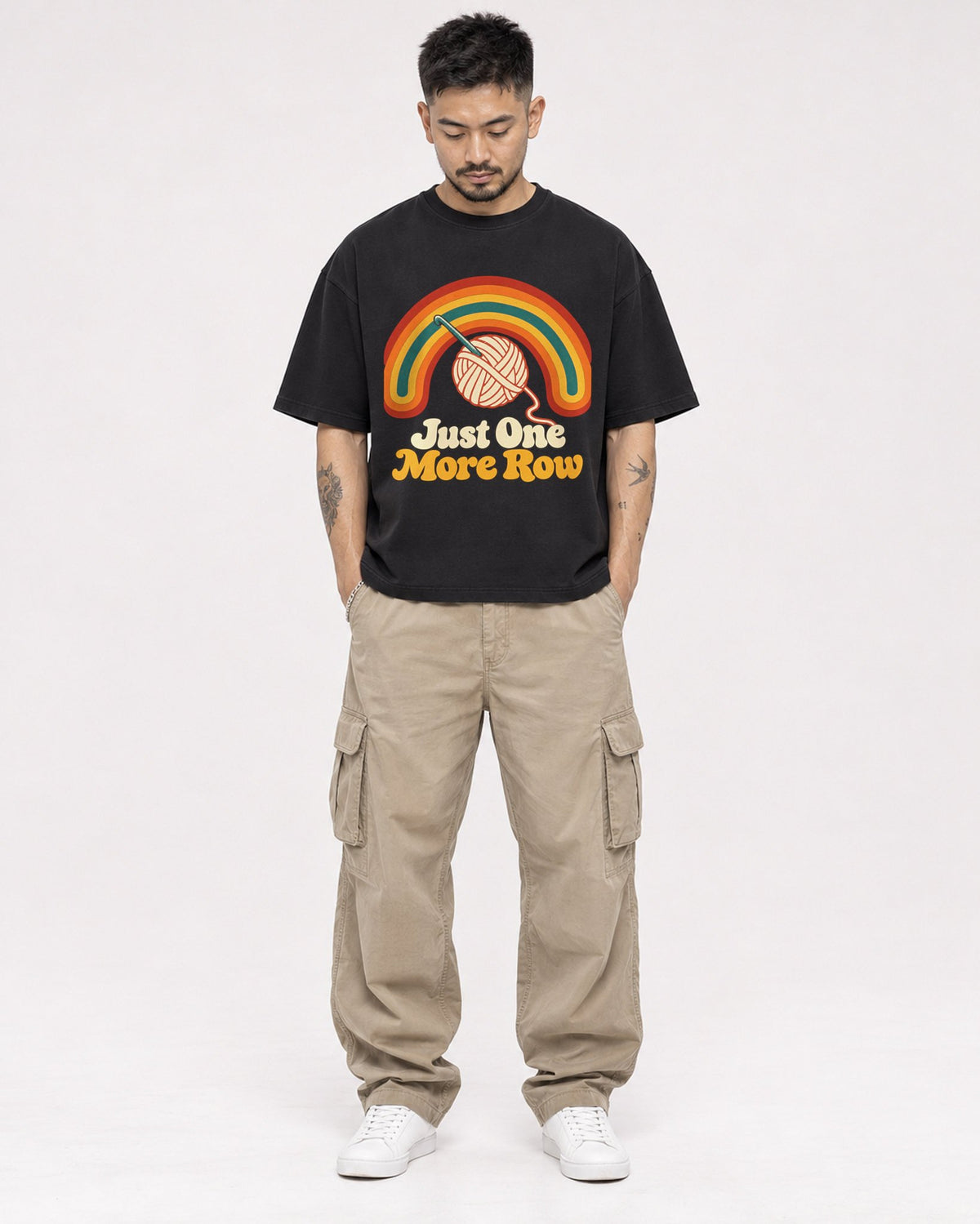 Mockup Boxy Heavyweight Tee Black male full-body 12