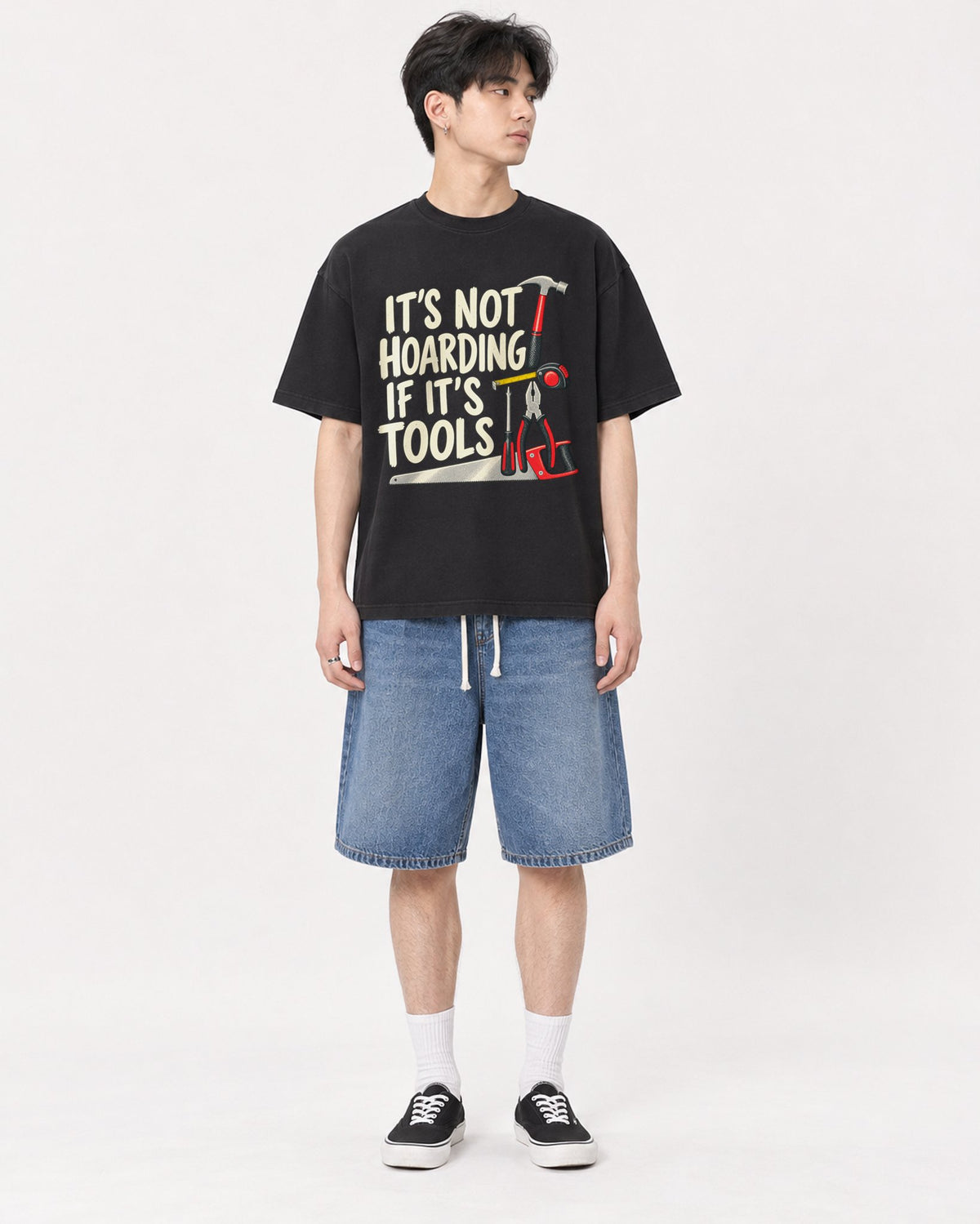 Mockup Boxy Heavyweight Tee Black male full-body 31