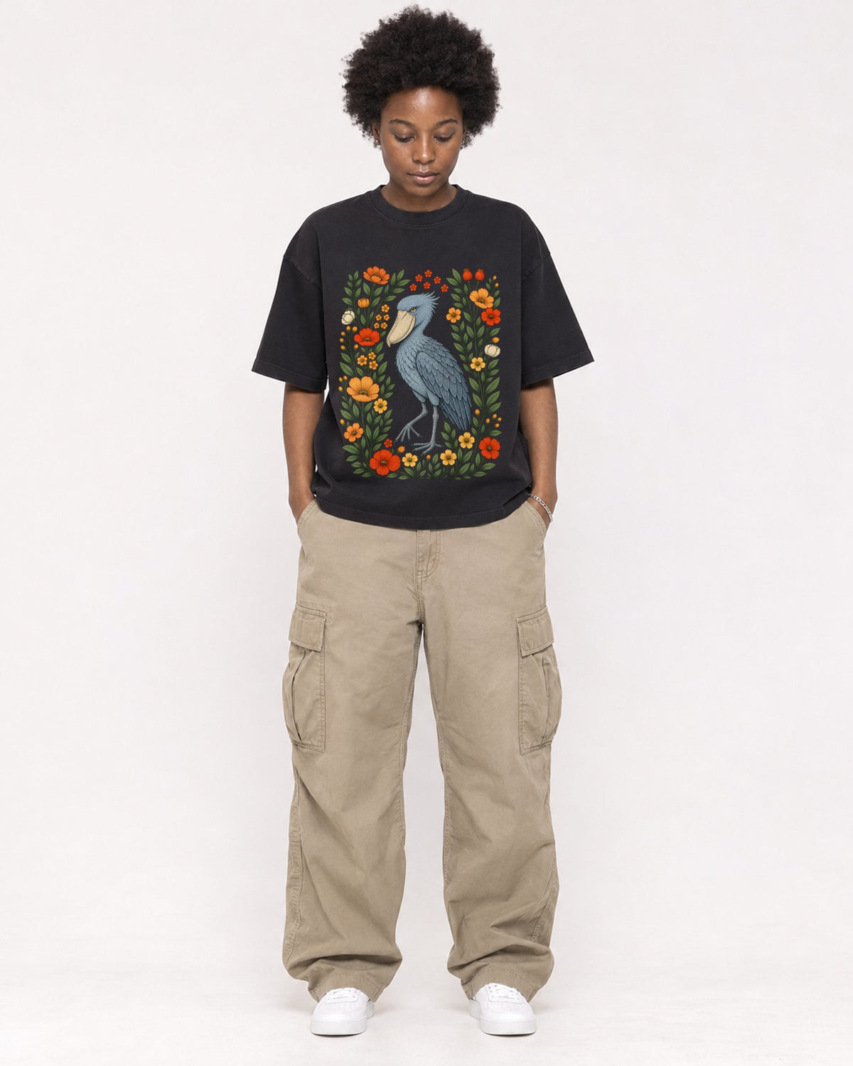 Mockup Boxy Heavyweight Tee Black female full-body 14