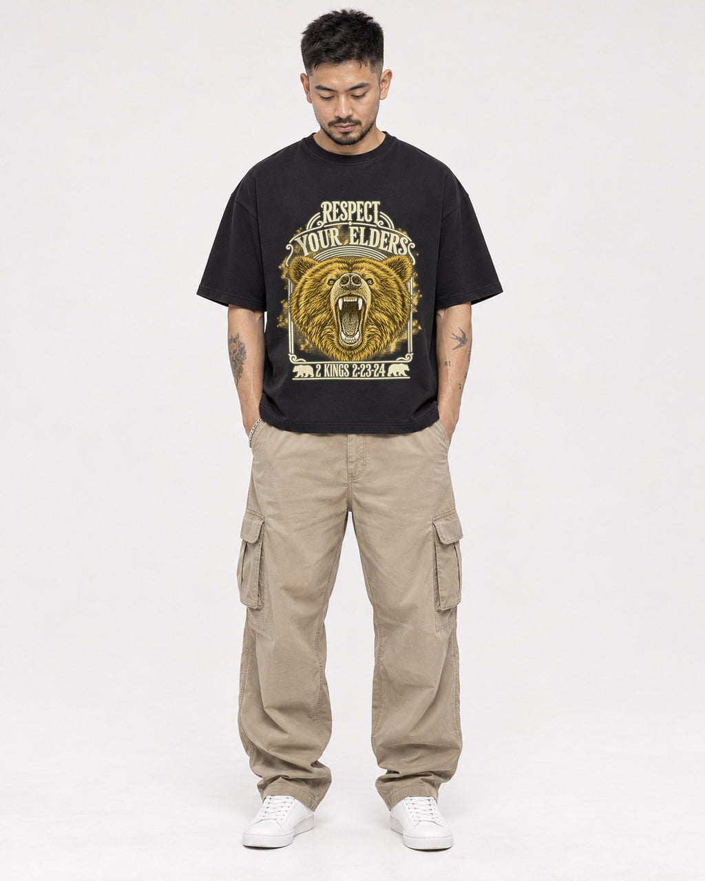 Mockup Boxy Heavyweight Tee Black male full-body 12