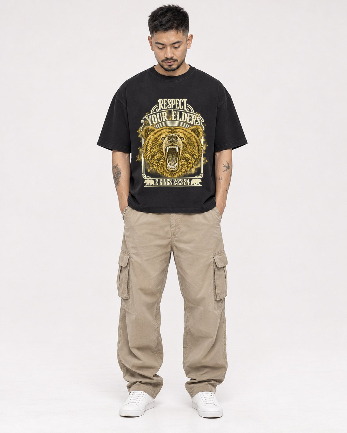Mockup Boxy Heavyweight Tee Black male full-body 12