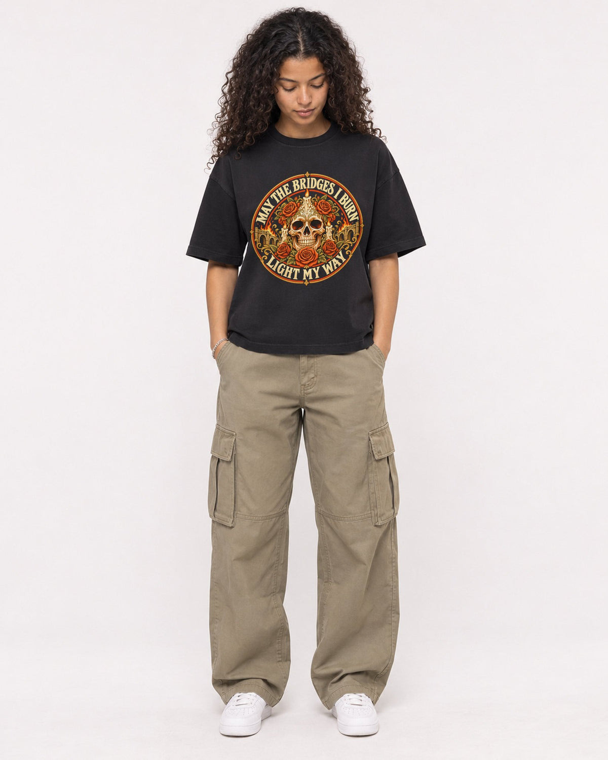 Mockup Boxy Heavyweight Tee Black female full-body 10