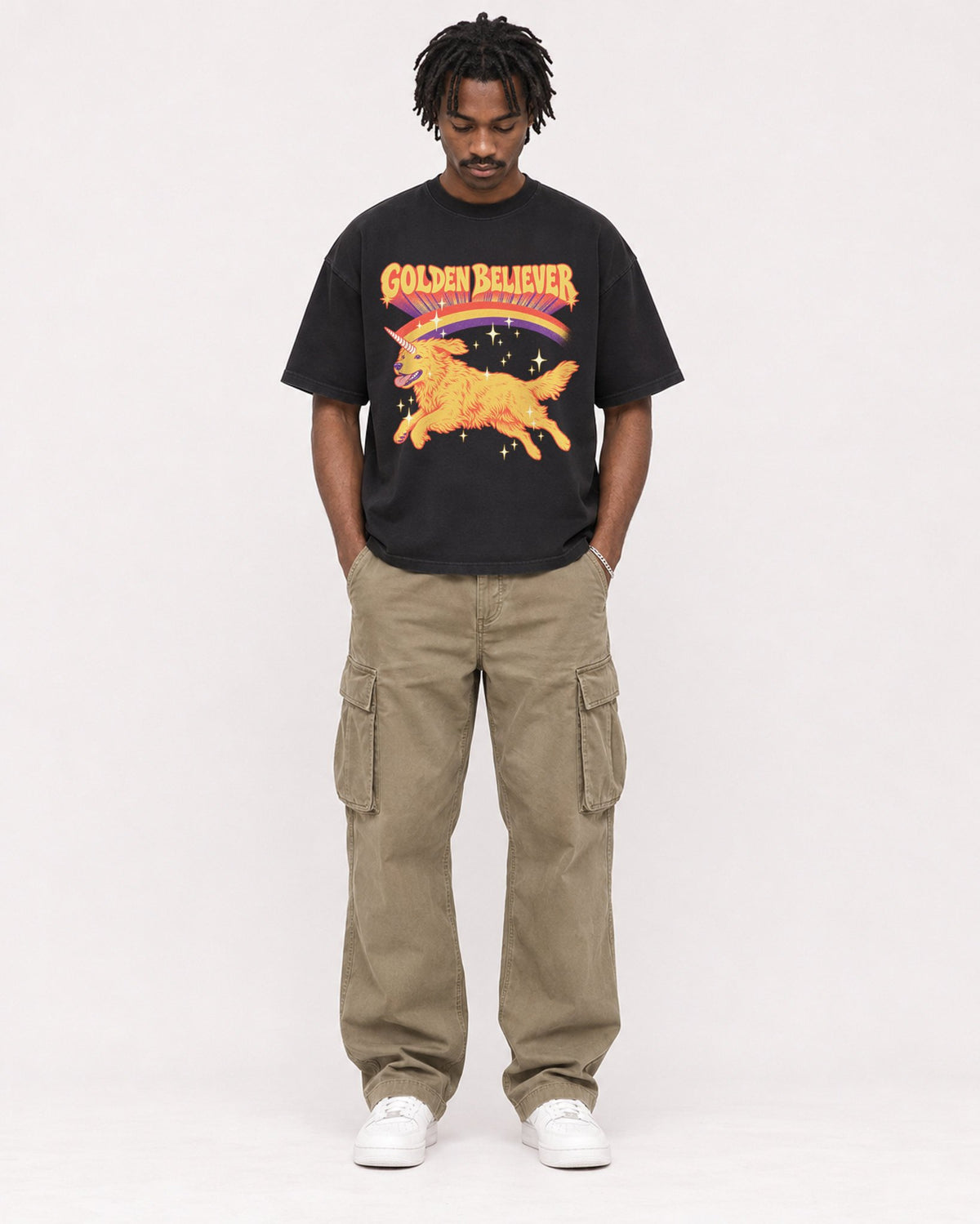 Mockup Boxy Heavyweight Tee Black male full-body 04